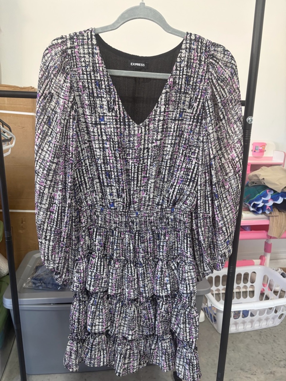 Express Black, Purple & White Patterned Long Sleeve Tiered Dress